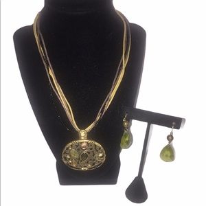 Goldtone Green Pendant Necklace And Earrings